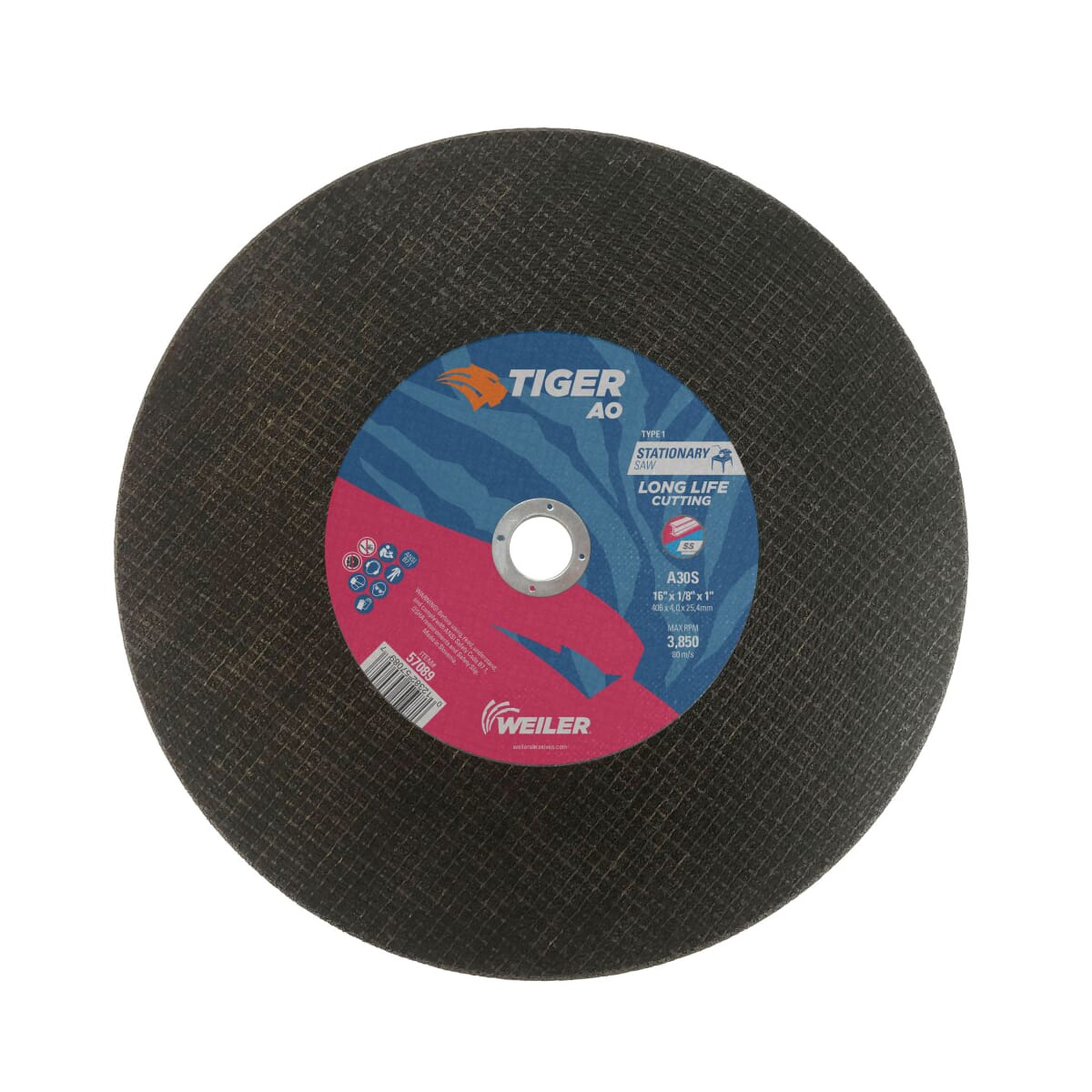 Tiger® AO 57089 Long Life Performance Cutting Wheel, 16 in Dia x 1/8 in THK, 1 in Center Hole, 30 Grit